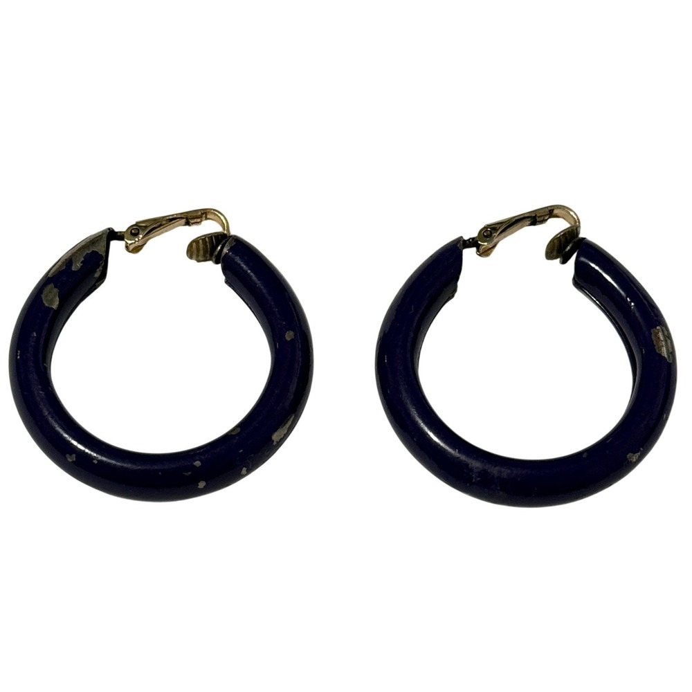 Vintage Enamel Hoop Earrings Clip On Navy Blue 1.5 Inch Retro Jewelry Women